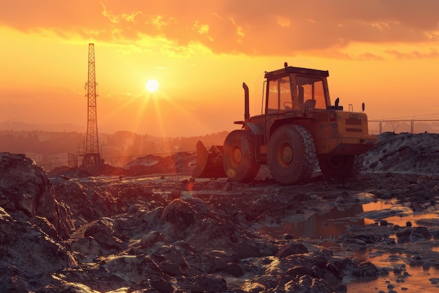 Il caricatore a ruote sta scavando il suolo nel sito di costruzione sullo sfondo del tramonto