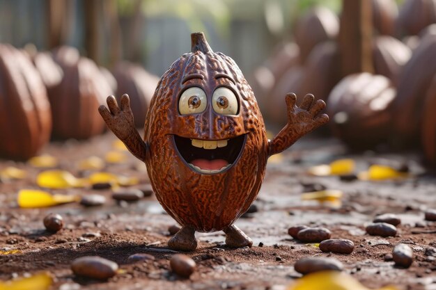 Il carino personaggio del cartone animato sorridente fagiolo di cacao agita le mani e saluta illustrazione 3d