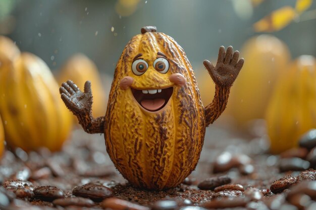 Il carino personaggio del cartone animato sorridente fagiolo di cacao agita le mani e saluta illustrazione 3d