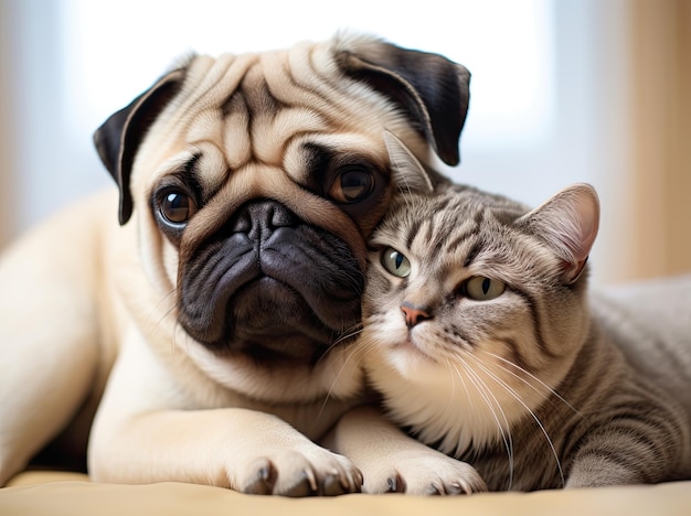 Il carlino dell'amicizia animale e il gatto grigio si abbracciarono sullo sfondo dell'interno della casa con emotività romantica