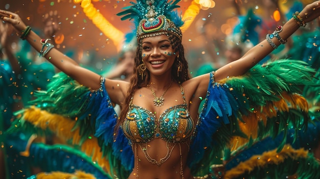 Il carnevale del Mardi Gras, una ballerina brasiliana felice che indossa un costume di piume.