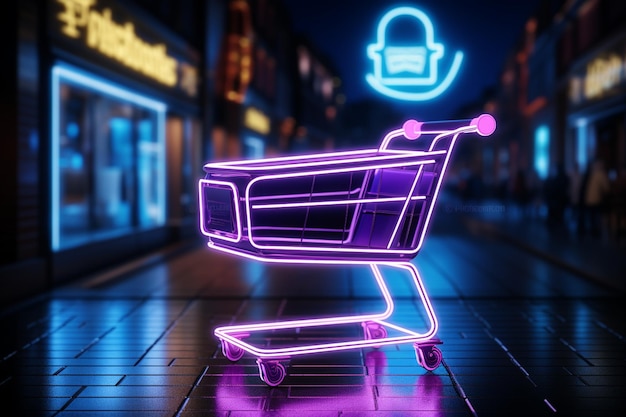 Il carrello al neon del negozio online e la borsa brillano incarnando lo spirito dello shopping di San Valentino