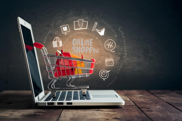 Il carrello della spesa emerge dal portatile che illustra il concetto di shopping online