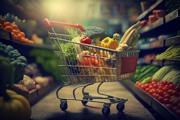 Il carrello è pieno di verdure nel supermercato Immagine generata dalla tecnologia AI