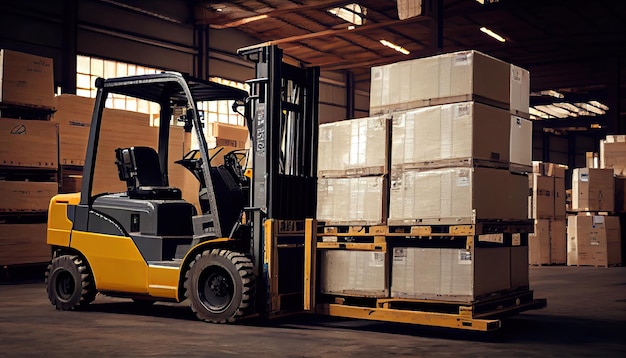 Il carrello elevatore carica pallet e scatole in magazzino