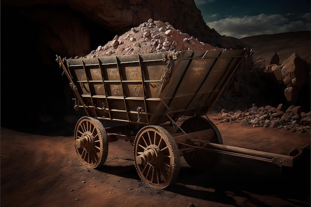Il carrello minerario di minerale di acciaio si trova su una ringhiera al di fuori dell'industria pesante della miniera di carbone