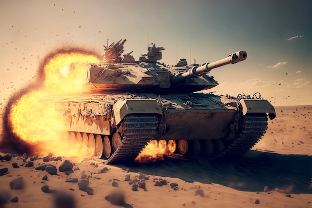 Il carro armato corazzato attraversa un campo minato durante l'epica scena di fuoco dell'invasione di guerra e alcuni nel deserto