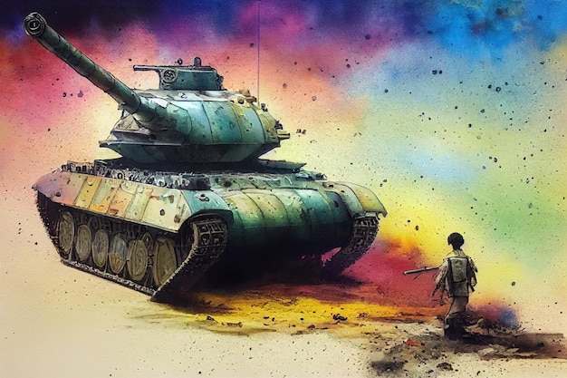 Il carro armato è in battaglia sparando contro il nemico Guerra mondiale Enorme carro armato digitale illustrazione stile arte pittura