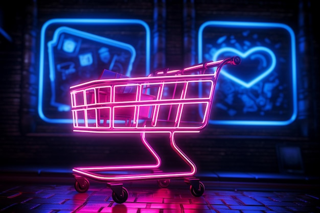 Il cartello dello shopping di neon di San Valentino luccica con borse e carrelli che evocano la vendita al dettaglio romantica