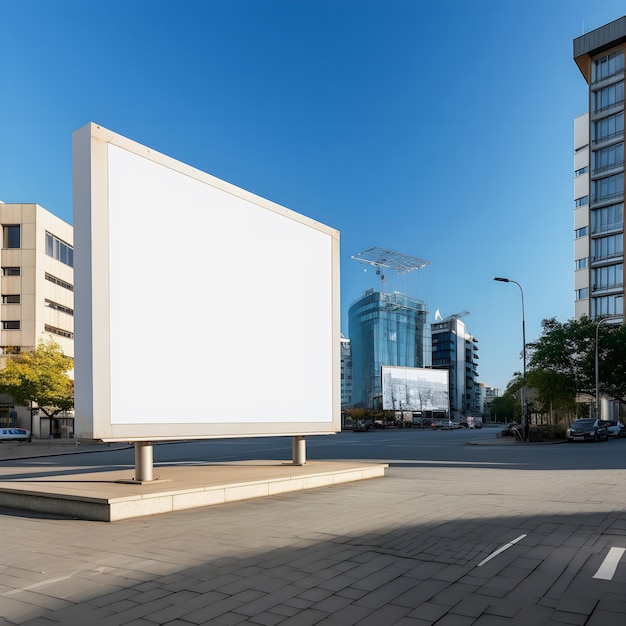 Il cartellone pubblicitario futuristico del paesaggio urbano crea una tela bianca per la pubblicità con immagini di alta qualità