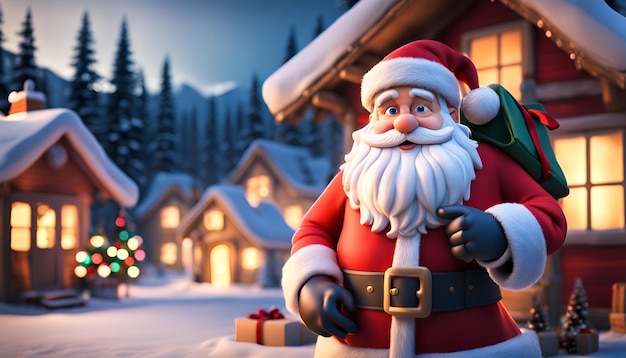 Il cartone animato 3D di Babbo Natale nel villaggio del Polo Nord si prepara per le vacanze di Natale