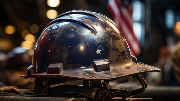 Il casco di un operaio edile con la bandiera degli Stati Uniti in primo piano generata dall'intelligenza artificiale