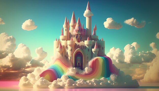 Il castello dei sogni fatto di nuvole e colore pastello dell'arcobaleno Ai genera