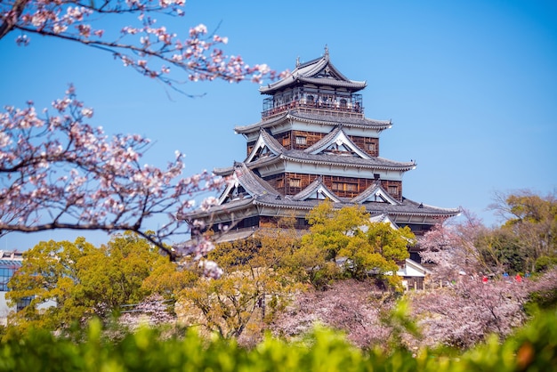 Il castello di Hiroshima durante la stagione della fioritura dei ciliegi in Giappone