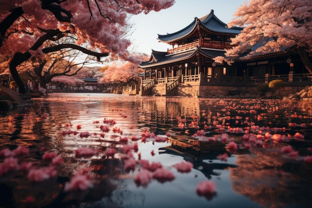 Il castello di Osaka al tramonto bellissimo tempio giapponese alberi di ciliegio in fiore stagione sakura autunno