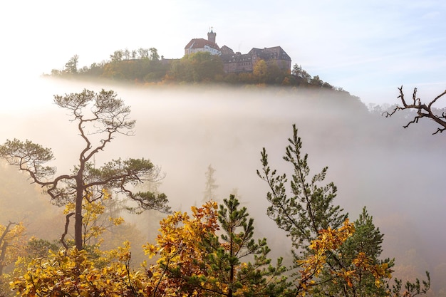 Il castello di Wartburg nella foresta della Turingia vicino a Eisenach in una mattinata nebbiosa