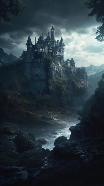 Il castello fantastico oscuro nelle montagne