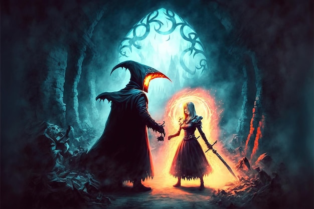 Il cavaliere che affronta una strega con poteri malvagi illustrazione in stile arte digitale pittura concetto fantasy di un cavaliere nella battaglia con la strega