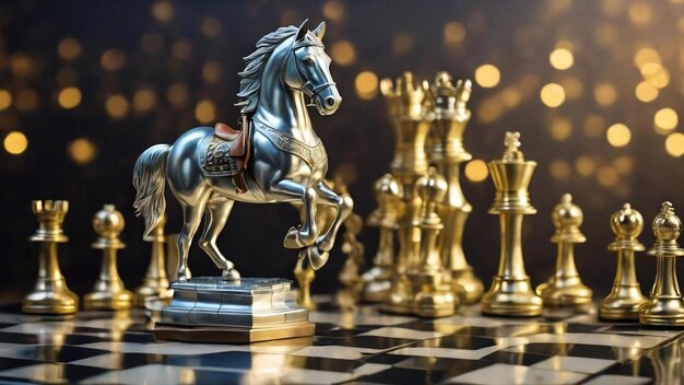 Il cavaliere d'oro è un pezzo di scacchi in piedi davanti a pezzi di pedine d'argento su un esagono d'argento