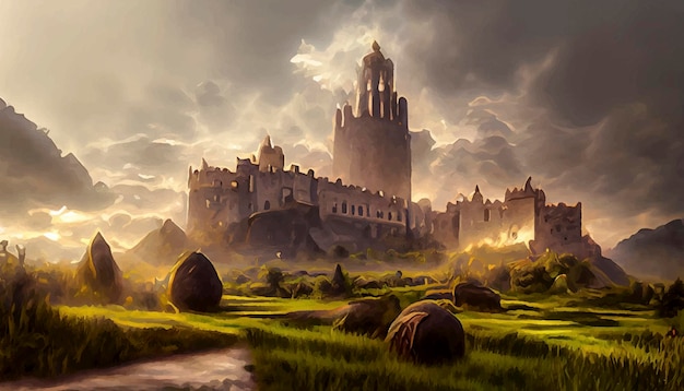 Il cavaliere misterioso e fantastico va al tema fantasy celtico del paesaggio del castello di Kamelot