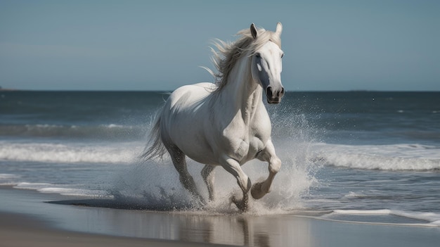 Il cavallo bianco corre sulla spiaggia generativa ai