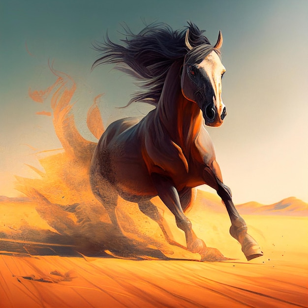 Il cavallo corre nel deserto sollevando la sabbia