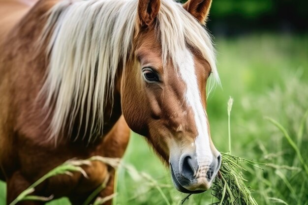 Il cavallo marrone con capelli biondi mangia l'erba su un prato verde dettaglio dalla testa