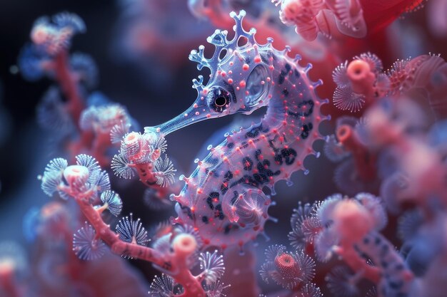 Il cavalluccio marino brilla con luminescenza contro il mare scuro fotografia professionale