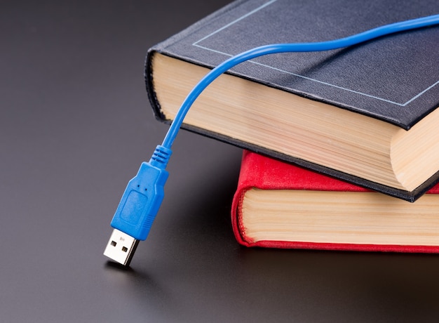 Il cavo USB blu giace sui libri