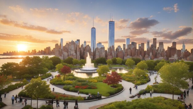 Il centro di Manhattan con il piccolo parco pubblico dell'isola a New York all'alba