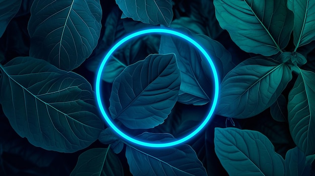 Il cerchio blu al neon illumina le foglie verde scuro evidenziando la bellezza della natura con un tocco moderno