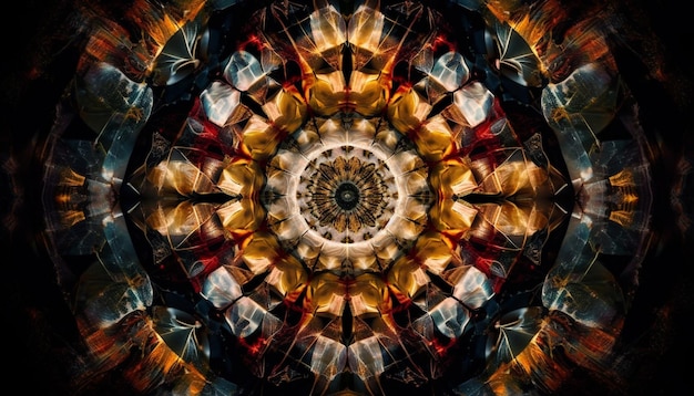 Il cerchio di vetro dorato incandescente riflette le spirali ornate generate dall'intelligenza artificiale