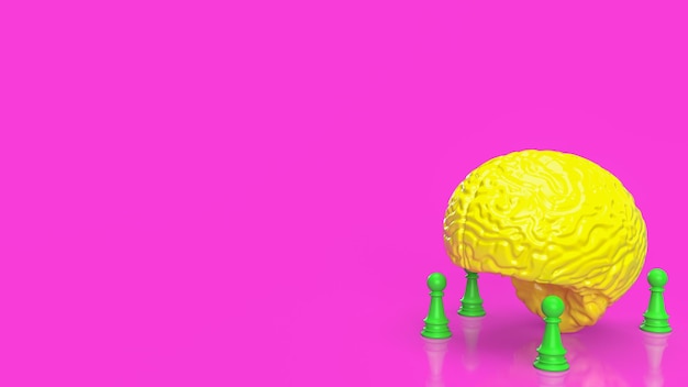 Il cervello giallo e gli scacchi verdi su sfondo rosa rendering 3d