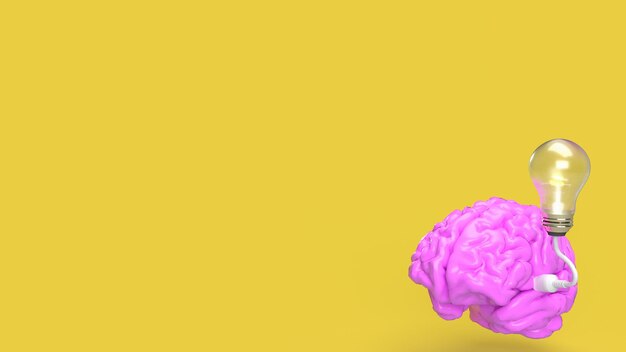 Il cervello rosa e la lampadina su sfondo giallo per il rendering 3d del concetto creativo o idea