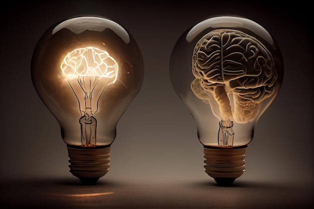 Il cervello umano in una lampadina Idea concettuale IA generativa