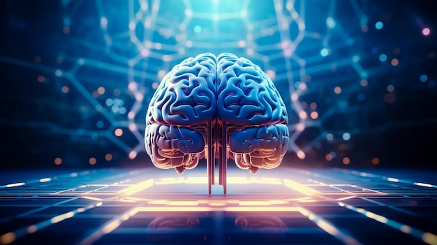Il cervello umano sullo sfondo tecnologico rappresenta l'intelligenza artificiale e il concetto di cyberspazio