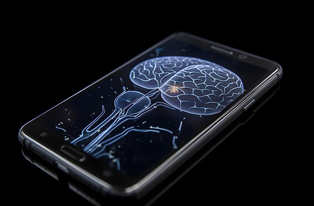 Il cervello umano viene mostrato sullo schermo di uno smartphone in primo piano L'influenza di Internet sul pensiero umano