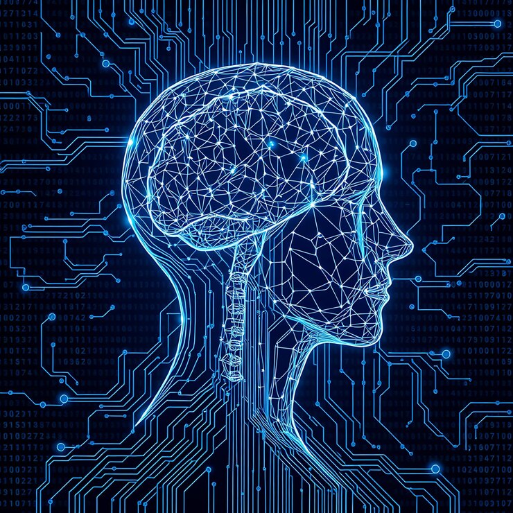 Il cervello visibile circondato da codici e schemi di circuiti in tonalità che raffigurano l'intelligenza artificiale