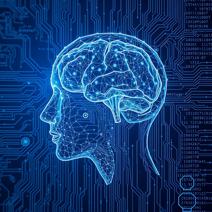 Il cervello visibile circondato da codici e schemi di circuiti in tonalità che raffigurano l'intelligenza artificiale