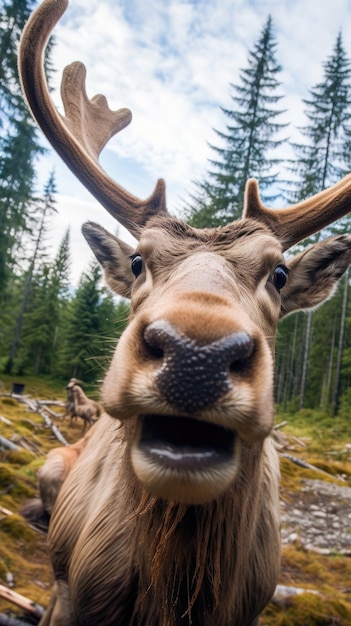 Il cervo tocca la telecamera per fare un selfie Un ritratto selfie divertente di un animale