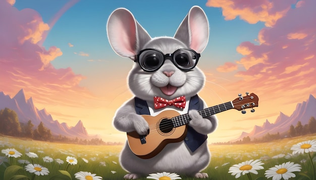 il chinchilla con gli occhiali di grandi dimensioni e un papillon che suona un piccolo ukulele in mezzo a un campo di margherite