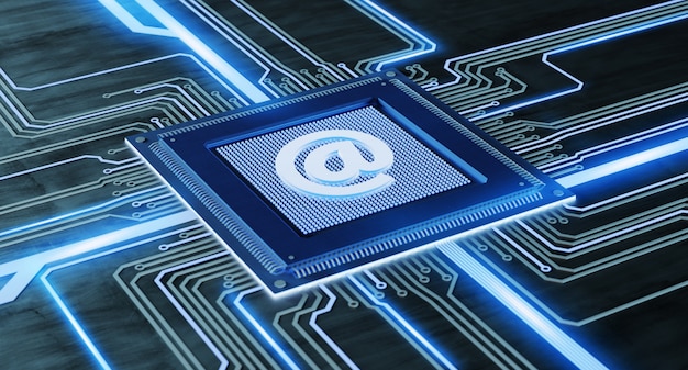 Il chip del processore della CPU con un email e una connessione di rete su un circuito, 3d rende