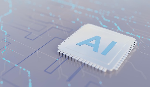 Il chip del processore è un'illustrazione 3D sullo sfondo della tecnologia dell'intelligenza artificiale.