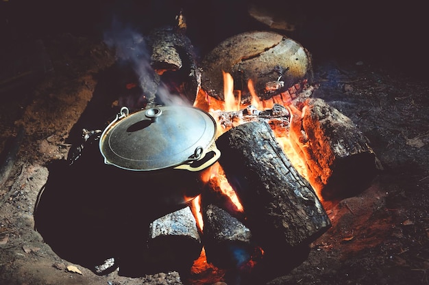 Il cibo viene cotto in una pentola sul fuoco