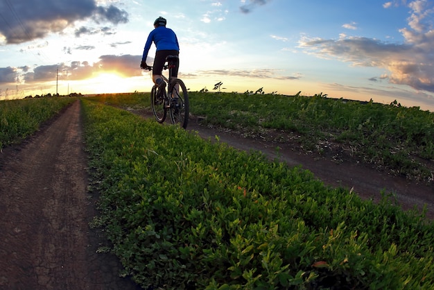 Il ciclista va in bicicletta su una pista al tramonto