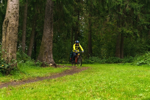 Il cicloturista maschio attrezzato percorre un sentiero in una foresta di abeti rossi