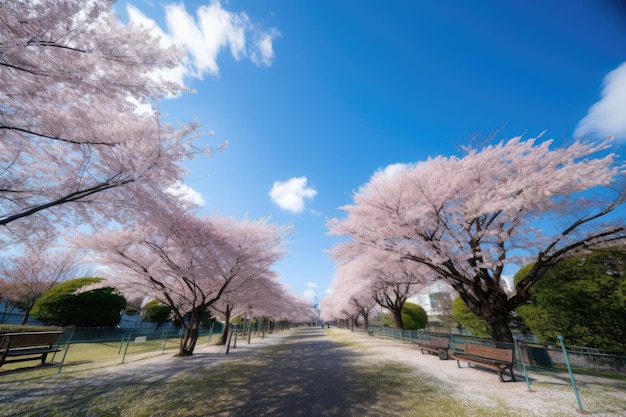 Il cielo azzurro e i fiori di ciliegio sbocciano nel parco creato con l'IA generativa