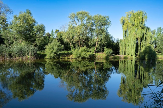 il cielo azzurro si riflette nel pittoresco lago