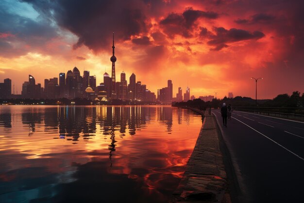 Il cielo della città sembrava essere in fiamme e il cielo divenne nero fotografia professionale