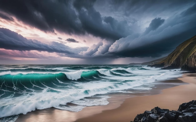 Il cielo drammatico si infrange sulle onde della costa bagnata che incute timore reverenziale